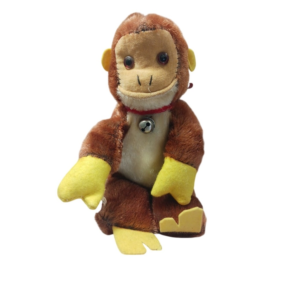 Vintage Brown Plush Monkey w/‎ Bell "Made in Japan" ~8″ Hanging Toy Mid Century